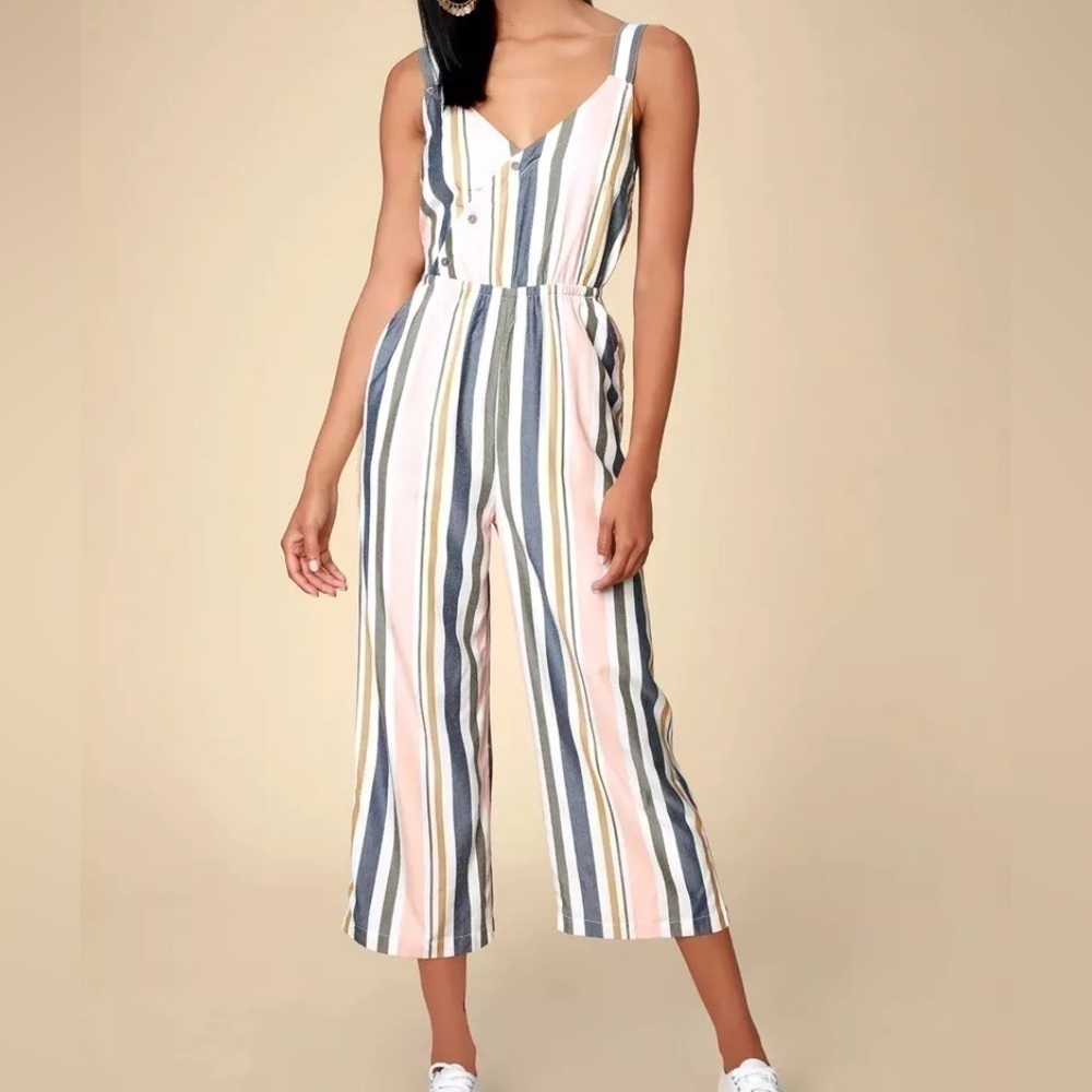 RVCA Ursan Blush Jumpsuit Multi Striped Surplice Culotte Pink Green Blue Gold